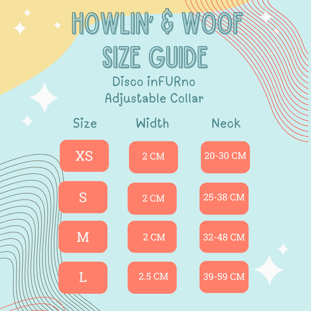Size guide for Howlin' & Woof adjustable collar with color and pattern design.