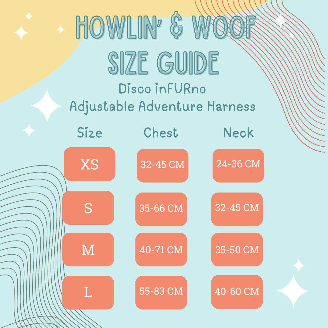 Size guide for Howlin' & Woof Disco inFURno Adjustable Adventure Harness